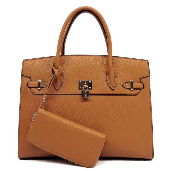 Deluxity Los Angeles Handbags - Padlock Satchel Carmel Purse And Wallet Set Large
